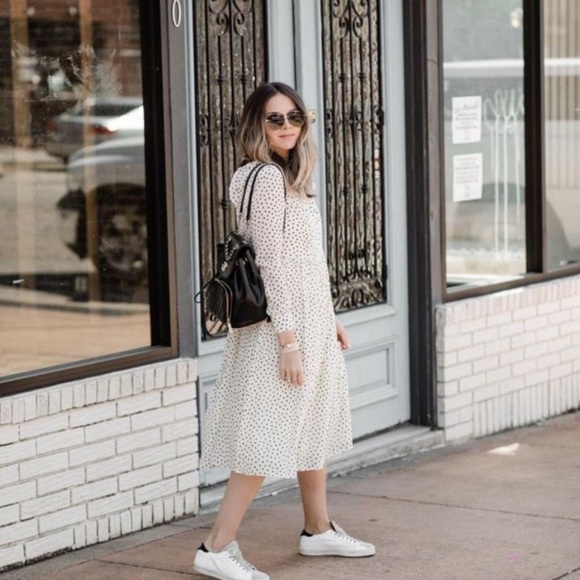 Madewell Midi Dress Georgette Smocked Ruffle Shoulder Inkbrush Dots Size M - Picture 1 of 15